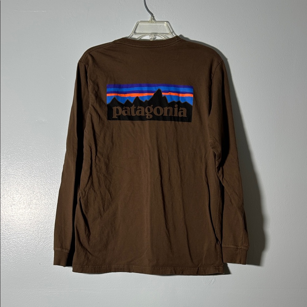 Patagonia Brown Long Sleeve Logo Tee with Multi-Color Mountain Stripe